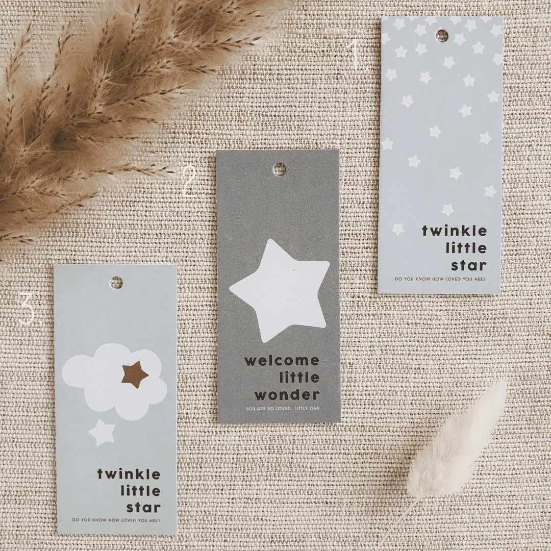 Roze cadeaulabels voor pasgeboren baby-jongens als kraamcadeau.