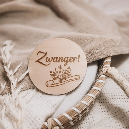 Houten aankondigingsbordje voor een zwangerschap, gegraveerd met de tekst "zwanger" en een zwangerschapstest waar plantjes uit groeien.