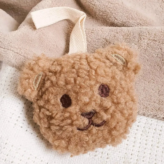 Zandkleurige teddybeer speenknuffel met pluchen berenkop voor fopspeen.